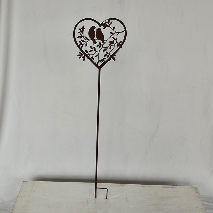 Garden Stake - Heart with Two Birds and Leaves
