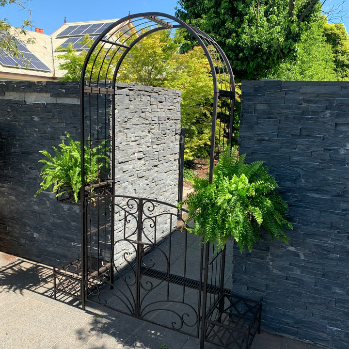 Garden Arch - w Gate and Planters in Rustic Brown