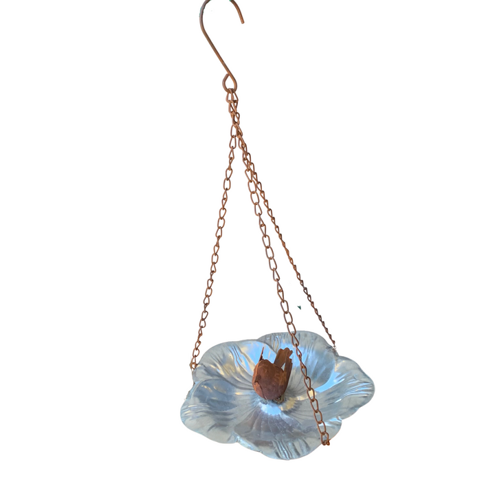 Birdfeeder Hanging Petal Silver Tray with Rust Bird