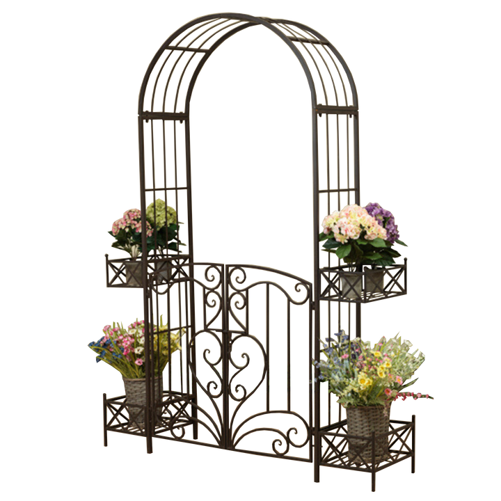 Garden Arch - w Gate and Planters in Rustic Brown