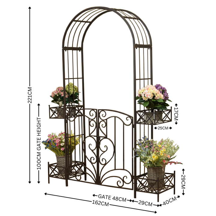 Garden Arch - w Gate and Planters in Rustic Brown