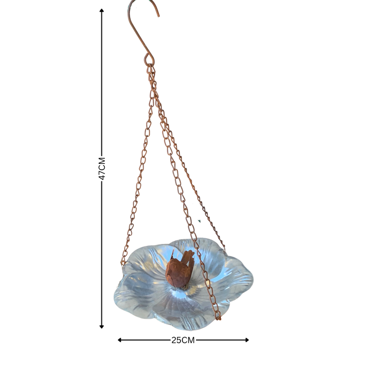 Birdfeeder Hanging Petal Silver Tray with Rust Bird