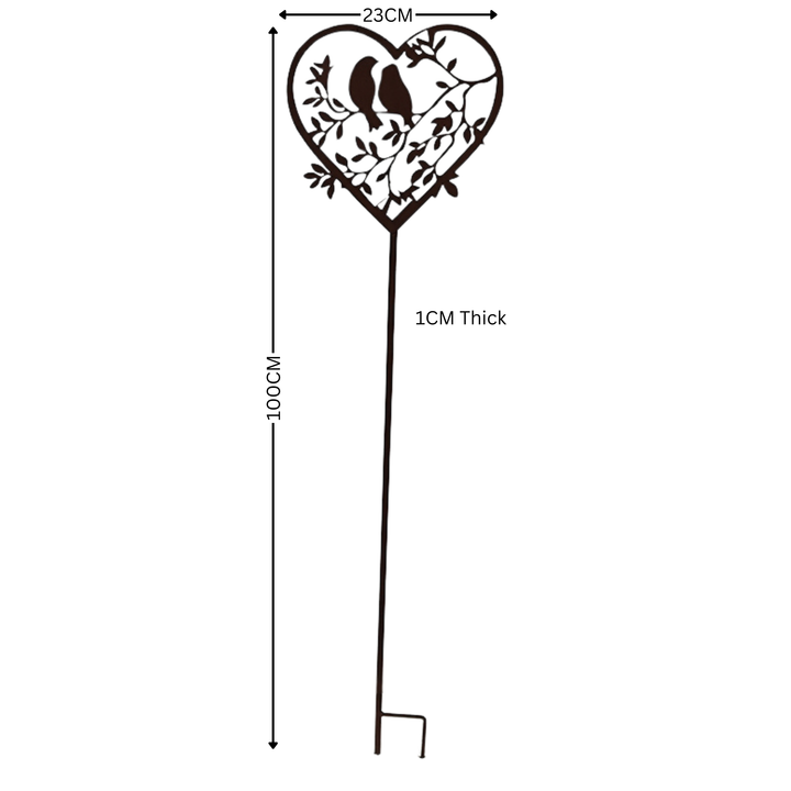 Garden Stake - Heart with Two Birds and Leaves