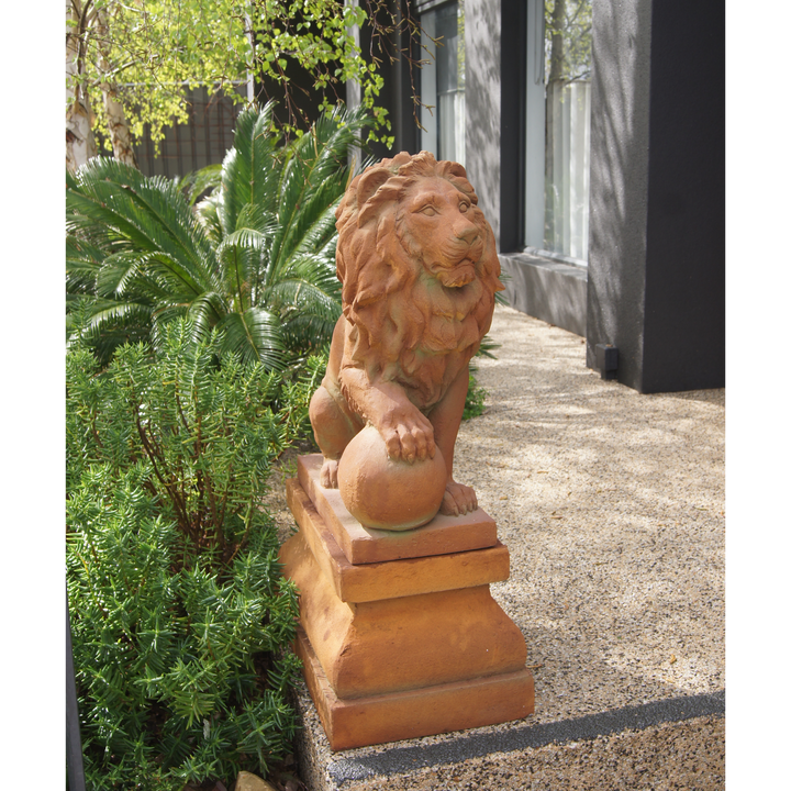 Statue Lion - with Ball on Pedestal Right