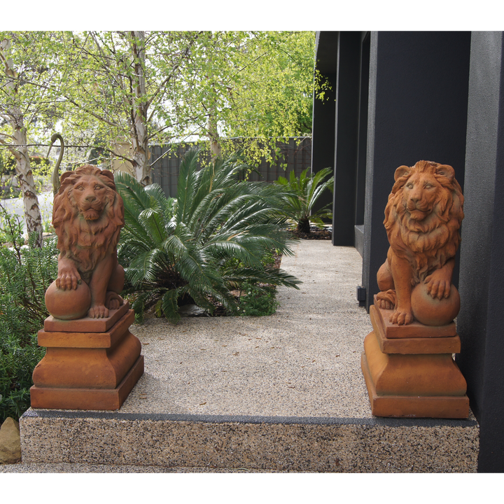 Statue Lion - with Ball on Pedestal Right