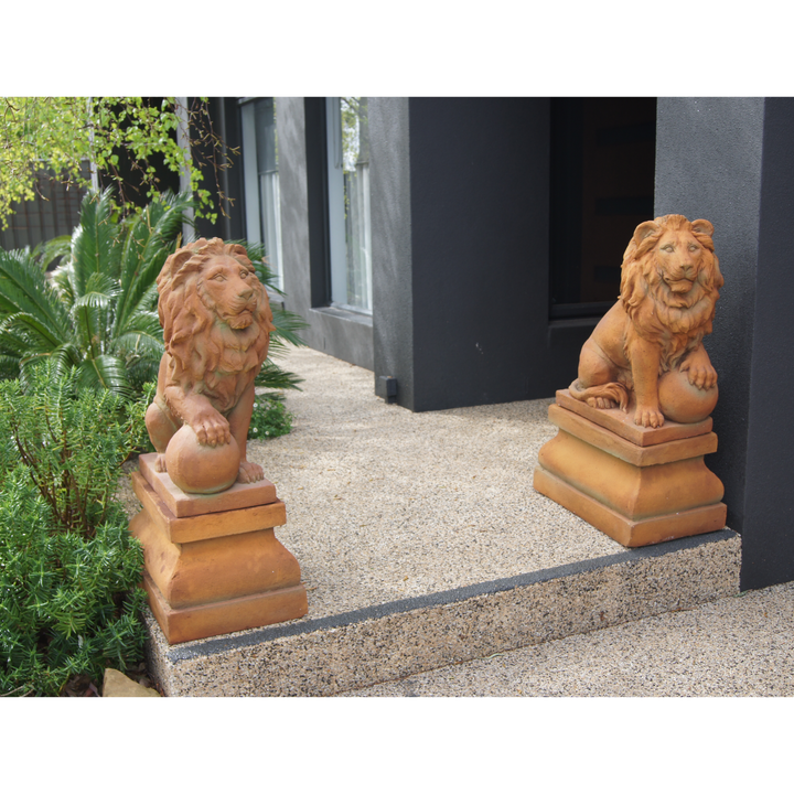 Statue Lion - with Ball on Pedestal Right