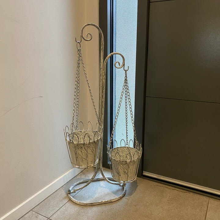 Plant Stand - Two Hanging Baskets Distressed Cream
