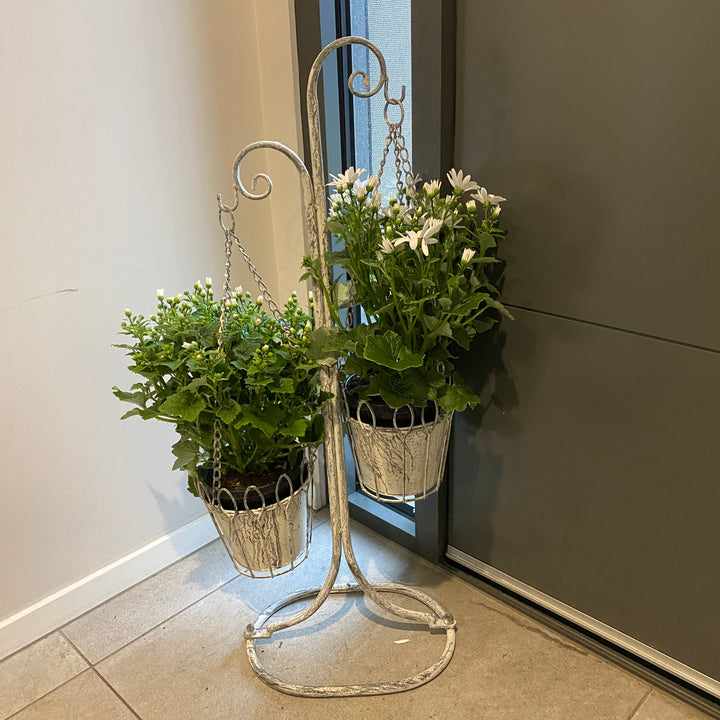 Plant Stand - Two Hanging Baskets Distressed Cream