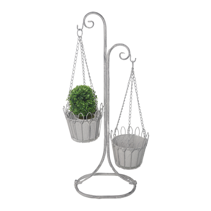 Plant Stand - Two Hanging Baskets Distressed Cream