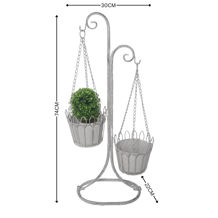 Plant Stand - Two Hanging Baskets Distressed Cream