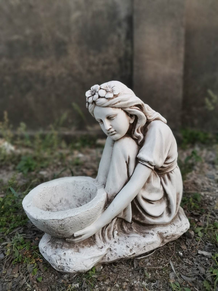 Statue - Girl Holding Birdfeeder Bowl