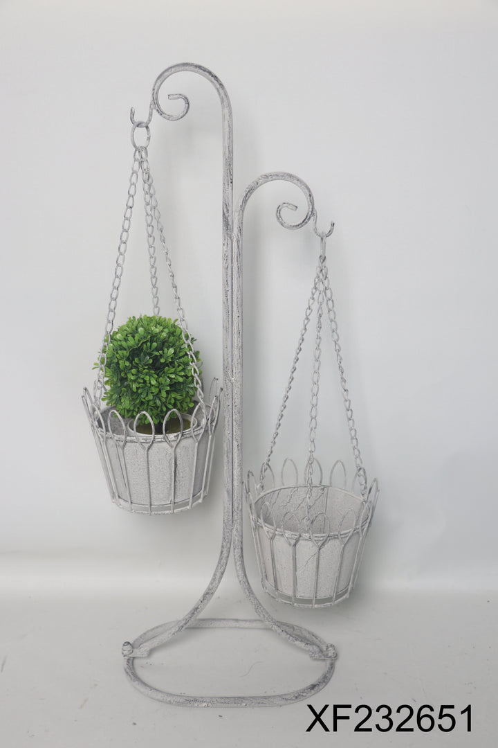 Plant Stand - Two Hanging Baskets Distressed Cream