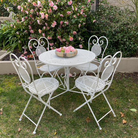 Patio Setting French Provincial look in Shabby Chic White Metal 5 Piece Novara 80cm table