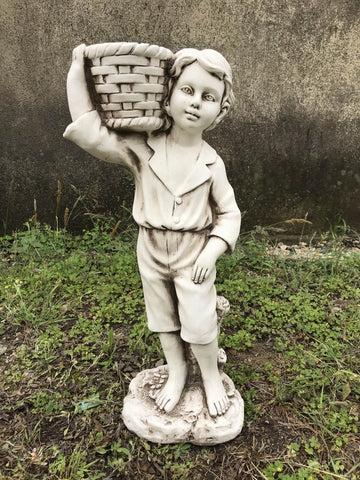 Statue Boy Holding Basket Planter