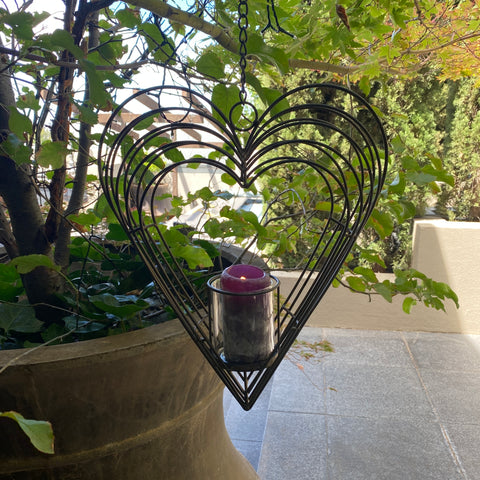 Candle T-Light Holder Hanging Heart Shape in Rustic Brown