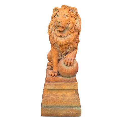 Statue Lion with Ball Left on Pedestal