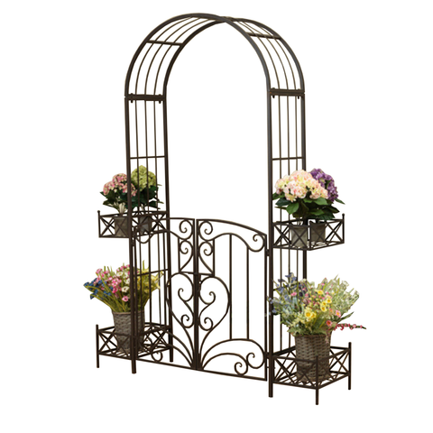 Arch Metal with Gate and Planters in Rustic Brown