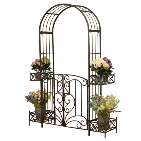 Garden Arch - w Gate and Planters in Rustic Brown