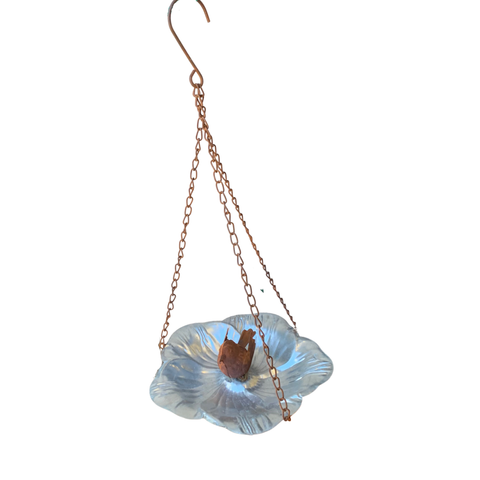 Birdfeeder Hanging Petal Silver Tray with Rust Bird