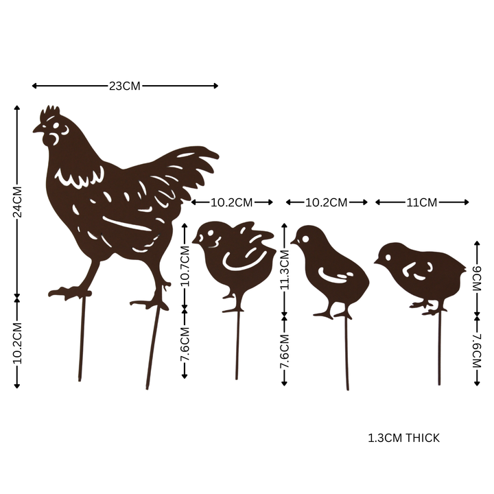 Garden Stake - Hen with 3 Chicks Set