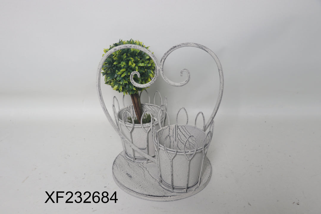 Planter Stand with Two Baskets Distressed Cream