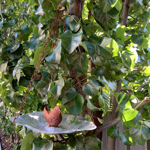 Birdfeeder Hanging Petal Silver Tray with Rust Bird