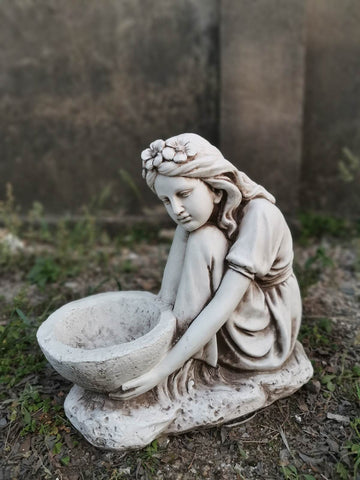 Statue Girl Holding Birdfeeder Bowl