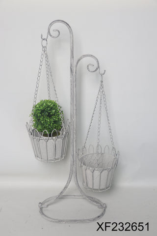 Planter Stand with two Hanging Baskets Distressed Cream